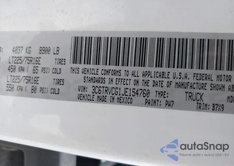 2018 Ram Promaster 2500 High Roof 136 Wb z USA, uszkodzony, nr VIN 3C6TRVCG1JE154760